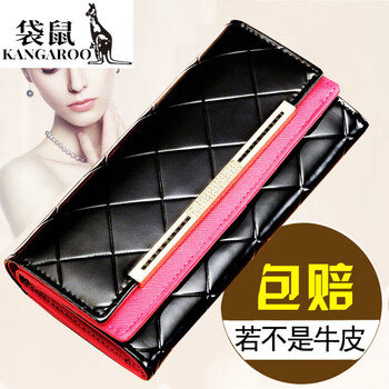 Kangaroo (kangaroo) luxury (chi) women's wallet women's long genuine leather multi-functional three-fold cowhide stylish wallet wallet midnight black + rose red