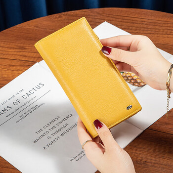 Sephoron new year long vertical wallet unisex simple anti-theft brushed cowhide two-fold multi-card slot large banknote holder yellow-first layer cowhide gift box packaging