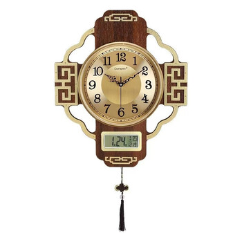 Compas chinese style retro wall clock solid wood living room home fashion swing clock new chinese style wall hanging calendar quartz clock walnut gold plate with calendar (47*80 cm) large size including pendulum pendant