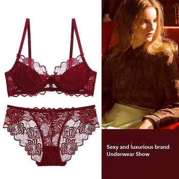 Victoria palace black bra set french sexy thin large breast revealing breathable anti-sagging bra lace bra underwear red set m 75/34b with panties