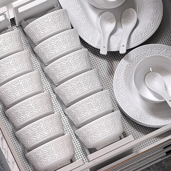 Lowe dunhuang bowl and plate set bowl, plate and chopsticks for new home ceramic underglaze color tableware set lotus qingyun 62-piece set