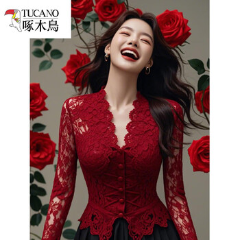 Woodpecker (tucano) red lace chiffon shirt for women 2025 new tops and small shirts with slim fit and high-end western style bottoming tops red lace shirt l recommended 105-115 pounds
