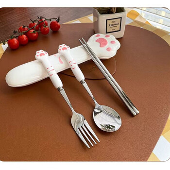 Ye yu stainless steel 304 cat claw forks, spoons and chopsticks cute portable tableware set cute white pink cat claws three-piece set spoon + fork + portable box
