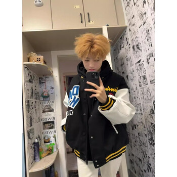 Lemage original american fashion brand flocked embroidered letters baseball jacket spring 2025 new ins jacket black-dragon and phoenix leather m