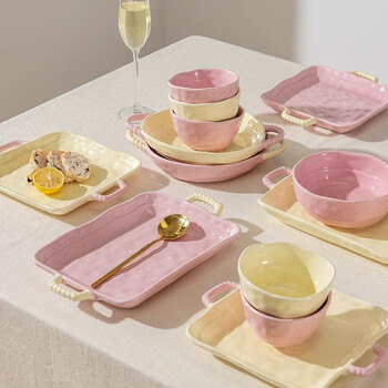 Wellmeet double-ear plate home cute dish plate ceramic rectangular steamed fish plate steak fruit dinner plate air fryer baking pan color-blocking 8-inch double-ear disc-strawberry pink