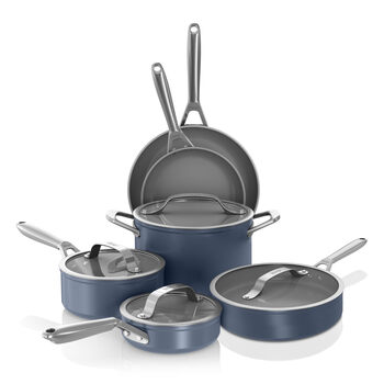 Ninja 10-piece ceramic non-stick cookware set, suitable for all stoves, tempered glass lid, midnight blue