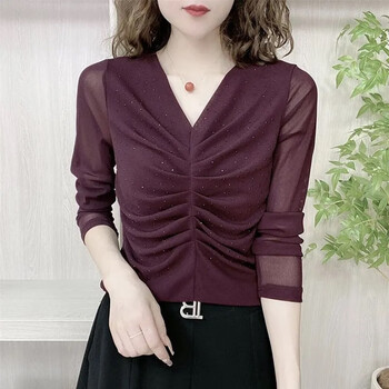Shangtao long-sleeved t-shirt for women in spring and autumn new style internet celebrity mesh bottoming shirt for women with fashionable temperament, high-end v-neck inner top, purple 2xl, recommended 110-120 pounds