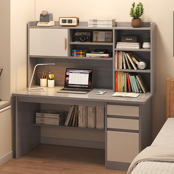 Humanities adult computer desk desktop home bedroom desk bookcase bookshelf integrated combination middle school student study desk writing desk table huihui highly recommends 120cm morandi gray