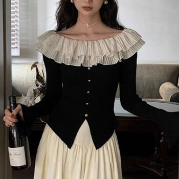 Lecali hepburn style one-shoulder spring and autumn outer wear bottoming sweater sweater with long-sleeved t-shirt top for women french ruffle hepburn style one-shoulder high quality xl within 130