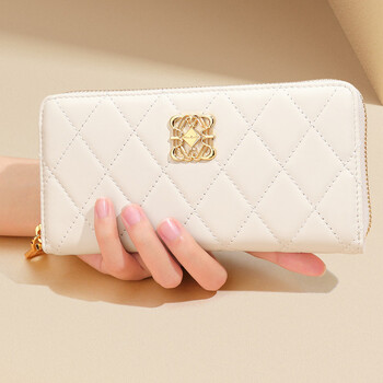 Pierre cardin top-grain cowhide women's wallet, bill holder, fashionable coin purse, multi-functional long clutch bag with gift box, beige 190*25*95 mm