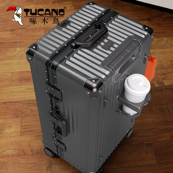 Woodpecker aluminum frame oversized suitcase, sturdy and durable trolley case 37 points, seatable alloy pull-out overseas checked suitcase, quantum gray, double closed lining + thickened aluminum frame, 30 inches, checked + max size required