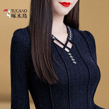 Woodpecker bottoming shirt for women in autumn and winter 2025 new fashion long-sleeved outer wear and inner wear slimming black v-neck t-shirt for women trendy navy l