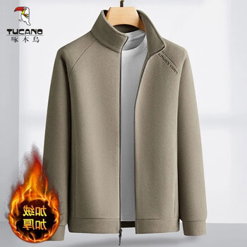 Woodpecker (tucano) double-sided velvet jacket for men 2025 autumn and winter plus velvet thickened stand-up collar cardigan zipper warm fleece jacket for men khaki plus velvet thickened 2xl recommended 135-150 catties