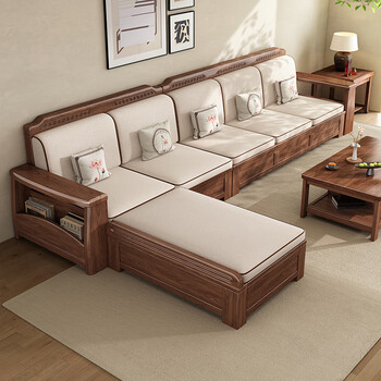 Small wooden nest sofa solid wood sofa living room 2026 black walnut wood furniture large and small apartment new chinese style sofa for winter and summer use four people + imperial concubine couch (free cushion when ordering)