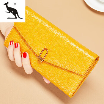 Kuqi kangaroo pure leather cowhide yellow wallet women's long 2025 new genuine leather zipper for mobile phone large capacity wallet thin rich yellow (first layer cowhide anti-theft brush)