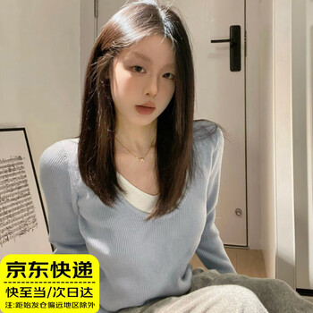 Yunshun fake two-piece blue v-neck long-sleeved sweater for women in autumn, winter and spring, thin bottoming shirt, sweater knitted top, pure desire splicing fake two-piece bottoming shirt, blue, one size fits all, recommended under 125 pounds