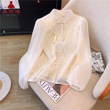 Xia yuyao embroidered blouse tassel buttoned stand-up collar chiffon shirt for women 2025 spring and summer new western style slimming embroidered top thin apricot new chinese style/high-end sense/chic xl recommended 115-125 pounds