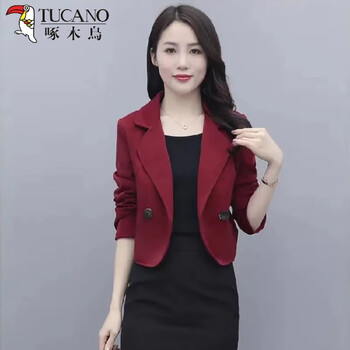 Woodpecker women's short coat suit new spring and autumn versatile short style popular small suit short outer top burgundy + thick 350g rated super thin and light l 90-105 pounds