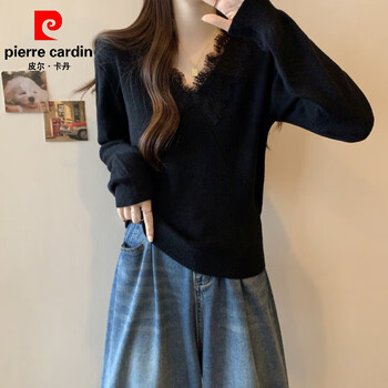 Pierre cardin knitted bottoming shirt for women large size lace edge fat mm high-end french v-neck 2026 autumn and winter new top black xl recommended 110-125 pounds