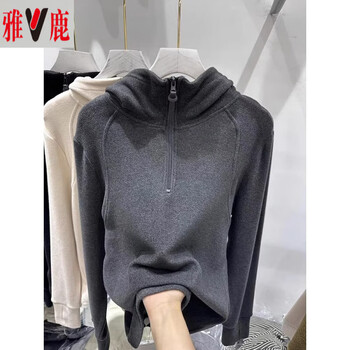 Yalu european double-sided german velvet inner bottoming shirt for women in autumn and winter half-zip hooded sweatshirt american loose top dark gray high-end and super good-looking sweatshirt/sweatshirt l