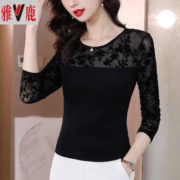 Yalu mesh bottoming shirt women's long sleeve 2025 autumn new low-neck slim fit t-shirt large size hollow sexy gauze black flower m 90-105 jin