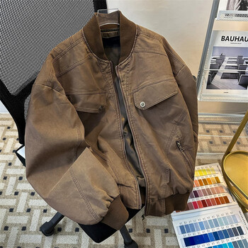Katuchi japanese retro cleanfit bomber jacket men's spring and autumn loose trendy baseball collar work jacket clothes brown 2xl