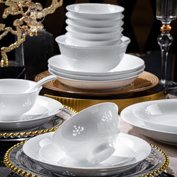 Shipu jingdezhen tableware light luxury chinese style exquisite bowls and plates for home gift housewarming white porcelain underglaze colored bowls and plates high-end tableware jiaoyu exquisite 68 scalp box packaging dishwasher microwave oven