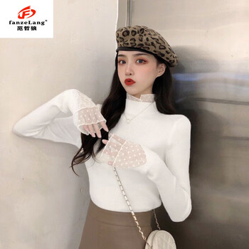 Fanzelang bottoming shirt with autumn and winter lace half-turtleneck sweater for women, winter design, niche, western and fashionable, white picture, thick style m