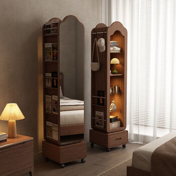 Lemuke solid wood full-length mirror rotating mirror cabinet integrated bedroom home full-length mirror 360-degree rotating bookshelf removable mirror cabinet solid wood 360-degree rotating mirror cabinet-walnut color