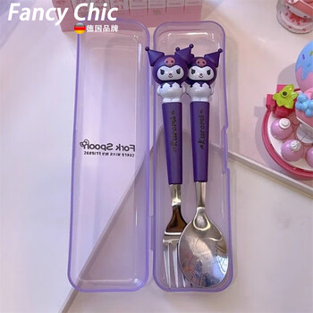 Fancychic boxed stainless steel kuromi big-eared dog eating fork tableware set spoon student children's shape portable purple luomi dining spoon #fork comes with storage box