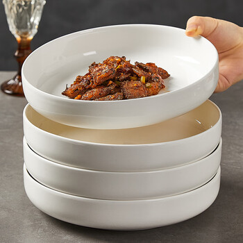 Qianye plate household bowls and tableware simple pure cabbage plate large capacity rice plate deep plate soup plate round plate straw hat plate deepened 8-inch round plate 4 pcs