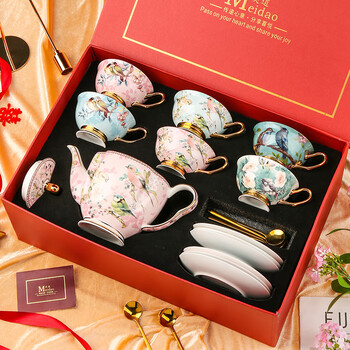 Heart decoration garden everlasting coffee cup set gift box high-end exquisite afternoon tea set birthday wedding new year gift cup (6 cups and saucers + pink bird 3-character pot) red box everlasting