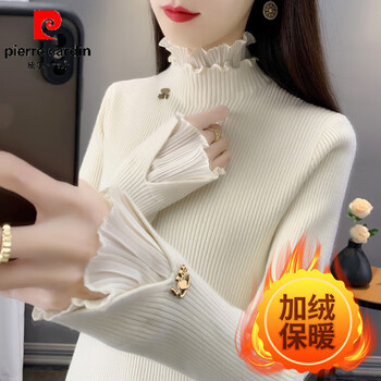 Pierre cardin lace edge bottoming shirt for women half turtleneck knitted plus velvet slim fit fashionable style pullover 2026 autumn and winter new design off-white plus velvet plus velvet l 170