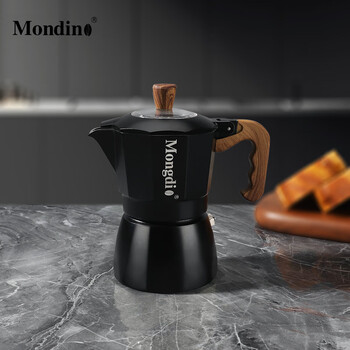Mondino double valve moka pot, espresso extraction pot, coffee pot, home hand brewing coffee machine, coffee utensil set, double valve moka pot, wood grain handle, black, free filter paper