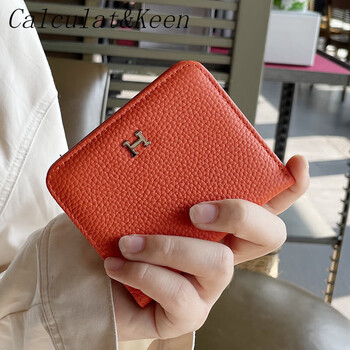 Calculat&keenck women's bag genuine leather wallet women's 2025 new lightweight compact short wallet style cowhide niche design orange