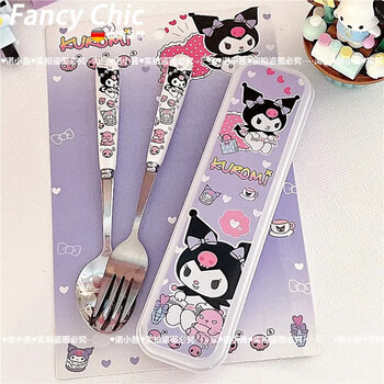 Fancychic spoon tableware kuromi melody portable elementary school jade gui dog student chopsticks stainless steel children's set kurumi spoon + fork + stainless steel chopsticks with box