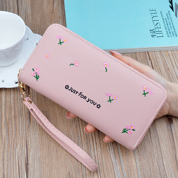 Yituyike new women's wallet women's long zipper clutch fashionable embroidered money clip large capacity soft leather coin mobile phone bag pink