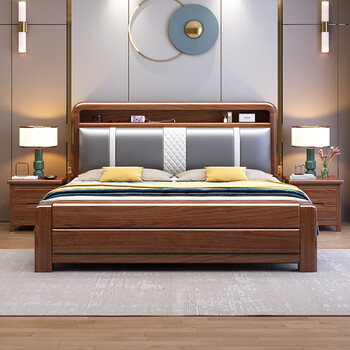 Mai yayue modern simple walnut solid wood bed 1.8 meters double soft bed new chinese style wedding bed walnut bed 1500*2000mm frame style