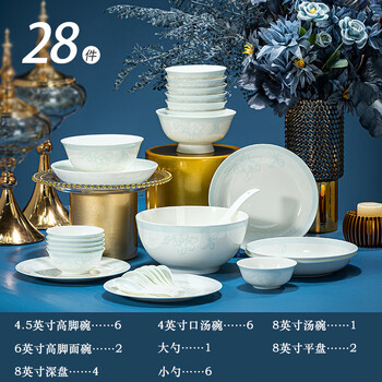 Jinqiutang jingdezhen ceramics 28-head white magnolia household underglaze colored dishes and plate bone china tableware set chinese style gift | for 4-6 people | dishwasher safe 28-piece set