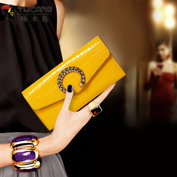 Woodpecker (tucano) high-end genuine leather long hand wallet, yellow fortune wallet, diamond-encrusted crocodile pattern bright leather banknote holder to hold mobile phone, yellow - first layer cowhide, high-end hardware