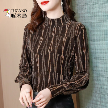 Woodpecker middle-aged women's bottoming shirt women's 2025 long-sleeved autumn and winter wear temperament stand-up collar mesh shirt loose inner with thick velvet gold regular xl