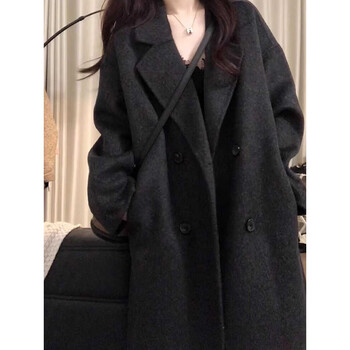 Qumile hepburn style black woolen coat for women spring and autumn new korean style high-end loose woolen top coat for women black m