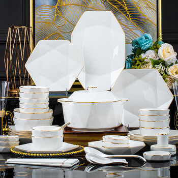 Kangqin ceramic underglaze colored bowls and plate sets, beautiful tableware, luxurious 70 pieces, upgraded soup pot gift box, diamond type