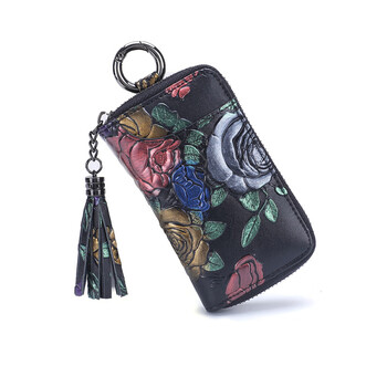 Mutuo key bag for women, exquisite, multifunctional, compact, fashionable, hand-painted printed car key bag, access control card slot, large capacity, golden rose