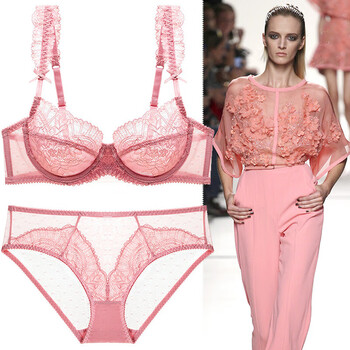 Victoria palace thin bra set breathable lace big red underwear zodiac year underwear large breasts make smaller and slim bra pink 85d 38