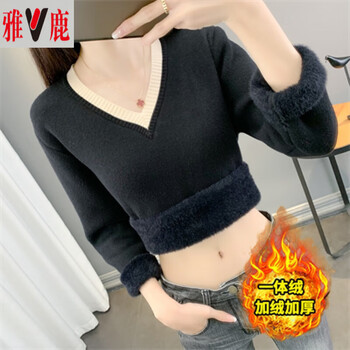 Yalu plus velvet thickened knitted sweater with warm sweater for women winter 2025 new low-neck one-piece velvet style bottoming shirt black xl recommended 110-120 catties