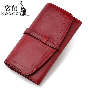 Kangaroo (kangaroo) genuine leather long wallet women's anti-theft rfid new first-layer cowhide soft leather retro simple large-capacity clutch bag red