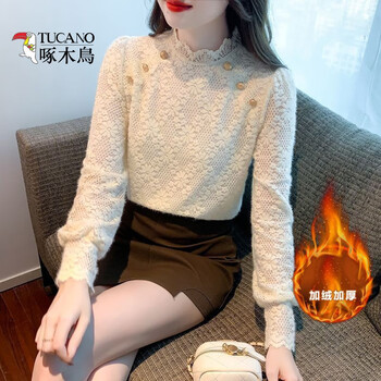 Woodpecker bottoming shirt women's 2025 spring and autumn new style lace shirt women's velvet half-turtle collar shirt western fashion internet celebrity top apricot velvet l 105-115 jin