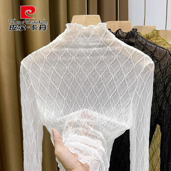 Pierre cardin high collar lace mesh bottoming shirt with small shirt for women 2025 autumn and winter new style white long-sleeved top white xl