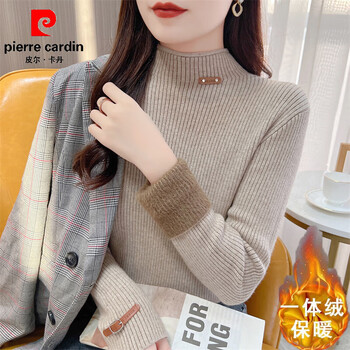 Pierre cardin sweater for women, thickened one-piece velvet inner layer, slim half turtleneck knitted bottoming shirt, warm and velvet autumn and winter new top, khaki m 95--105 catties